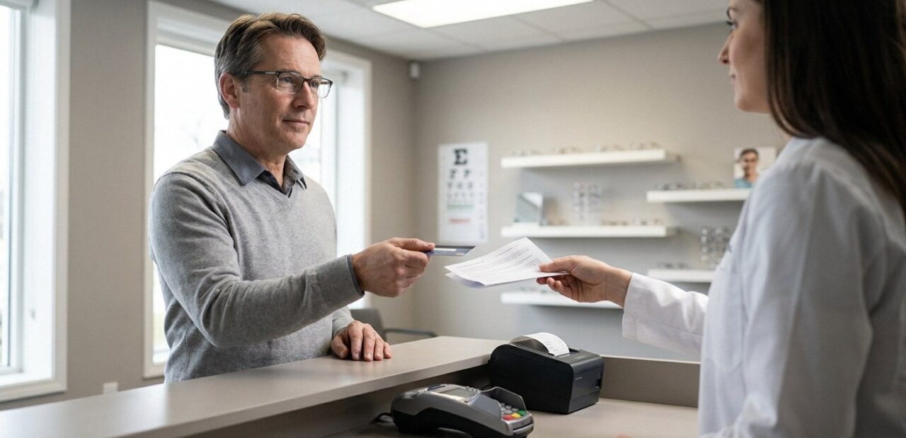 Man at optician counter exchanges card and papers with a worker in a white coat. Payment terminal and eye chart visible