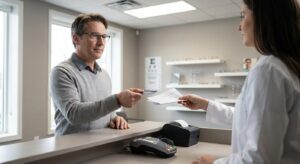 Man at optician counter exchanges card and papers with a worker in a white coat. Payment terminal and eye chart visible