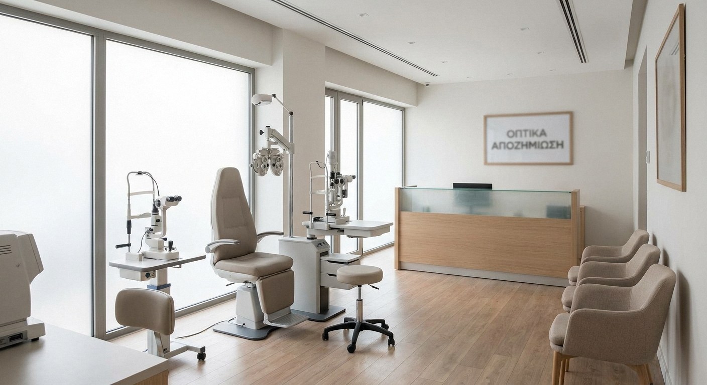 Modern optical clinic featuring an examination chair, phoropter, slit lamp, wooden reception desk, waiting chairs, and