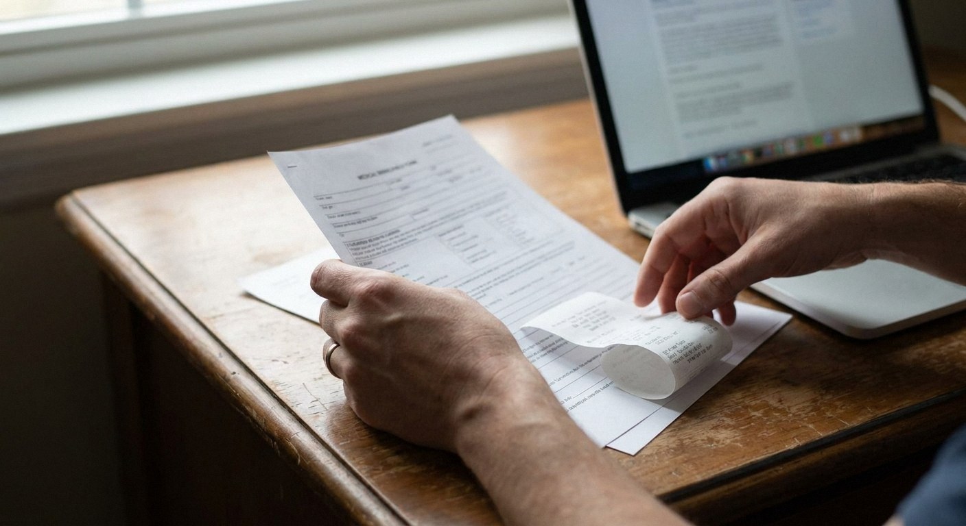 Hands holding a form and a rolled receipt over other papers on a wooden desk, next to an open laptop near a window