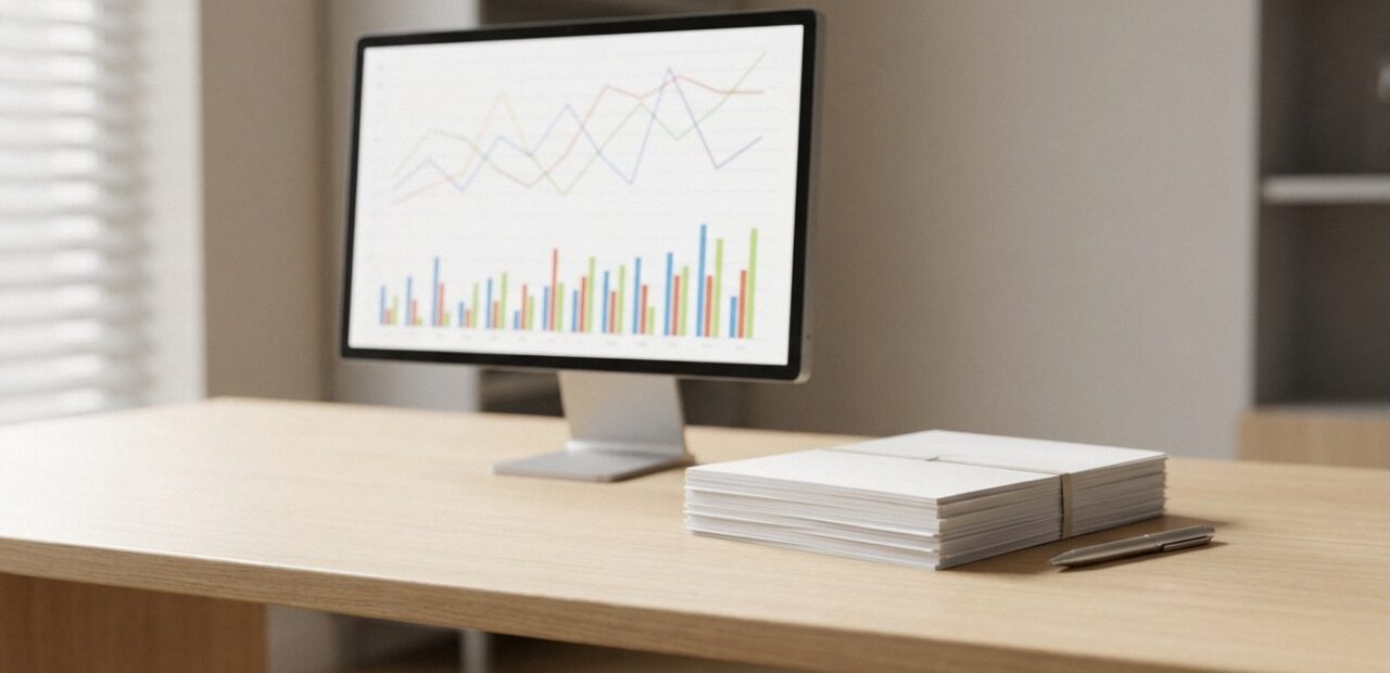 A light wooden desk holds a monitor displaying colorful line and bar graphs. Next to it rests a thick, banded stack of